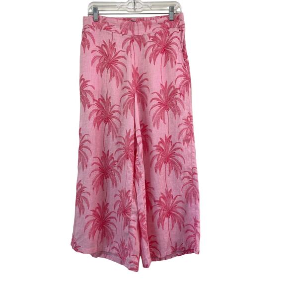 Tahari Pants - Tahari 100% Linen Tropical Palm Pink Wide Leg Pants Size Large Ankle Cropped